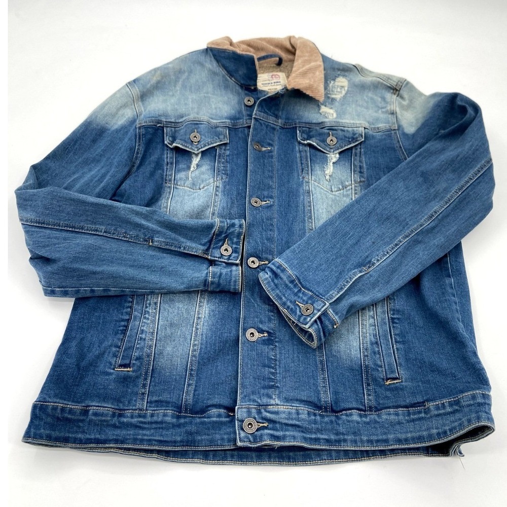 Smoke Rise Denim Jacket Men 3XL Sherpa Lined Corduroy Collar Distressed Blue